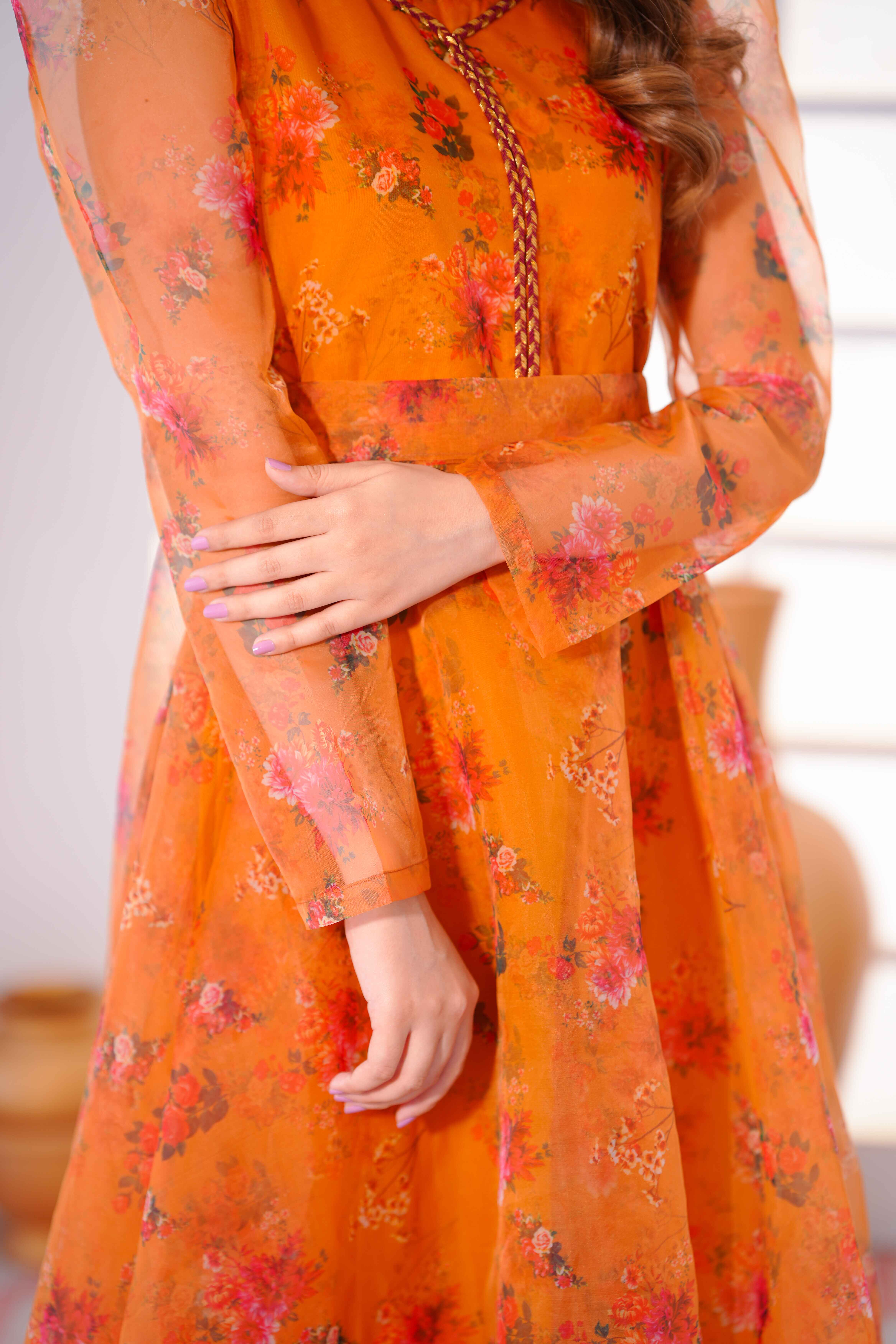 Luxury Printed Organza Frock Dress with Elegant Lace Detailings