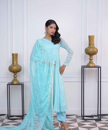 Sophisticated Sky Blue  Dress with Mirror work Embellishment- 3 peice