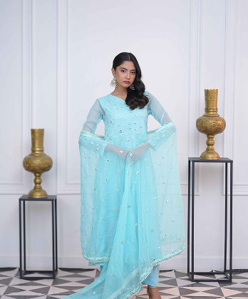 Sophisticated Sky Blue  Dress with Mirror work Embellishment- 3 peice