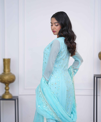 Sophisticated Sky Blue  Dress with Mirror work Embellishment- 3 peice