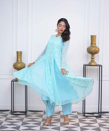 Sophisticated Sky Blue  Dress with Mirror work Embellishment- 3 peice