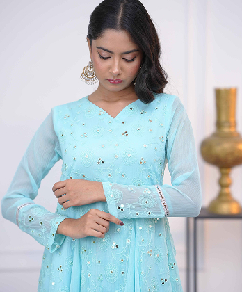 Sophisticated Sky Blue  Dress with Mirror work Embellishment- 3 peice