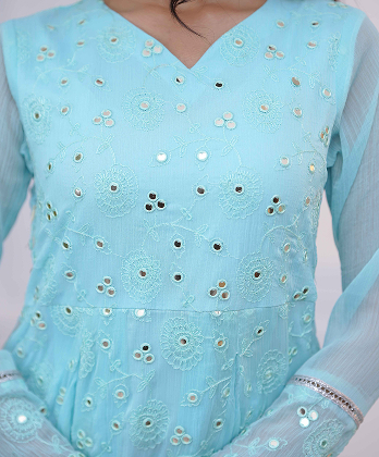 Sophisticated Sky Blue  Dress with Mirror work Embellishment- 3 peice