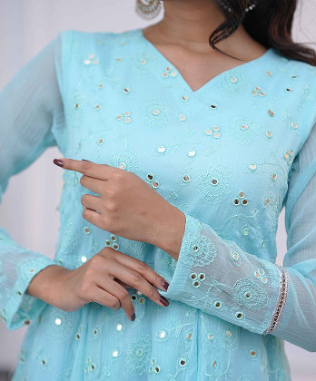 Sophisticated Sky Blue  Dress with Mirror work Embellishment- 3 peice