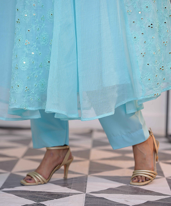 Sophisticated Sky Blue  Dress with Mirror work Embellishment- 3 peice